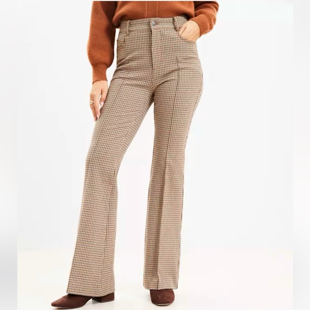 Loft Five Pocket Flare Pants in Plaid Bi-Stretch Brown Black Career 2023 NWT-14